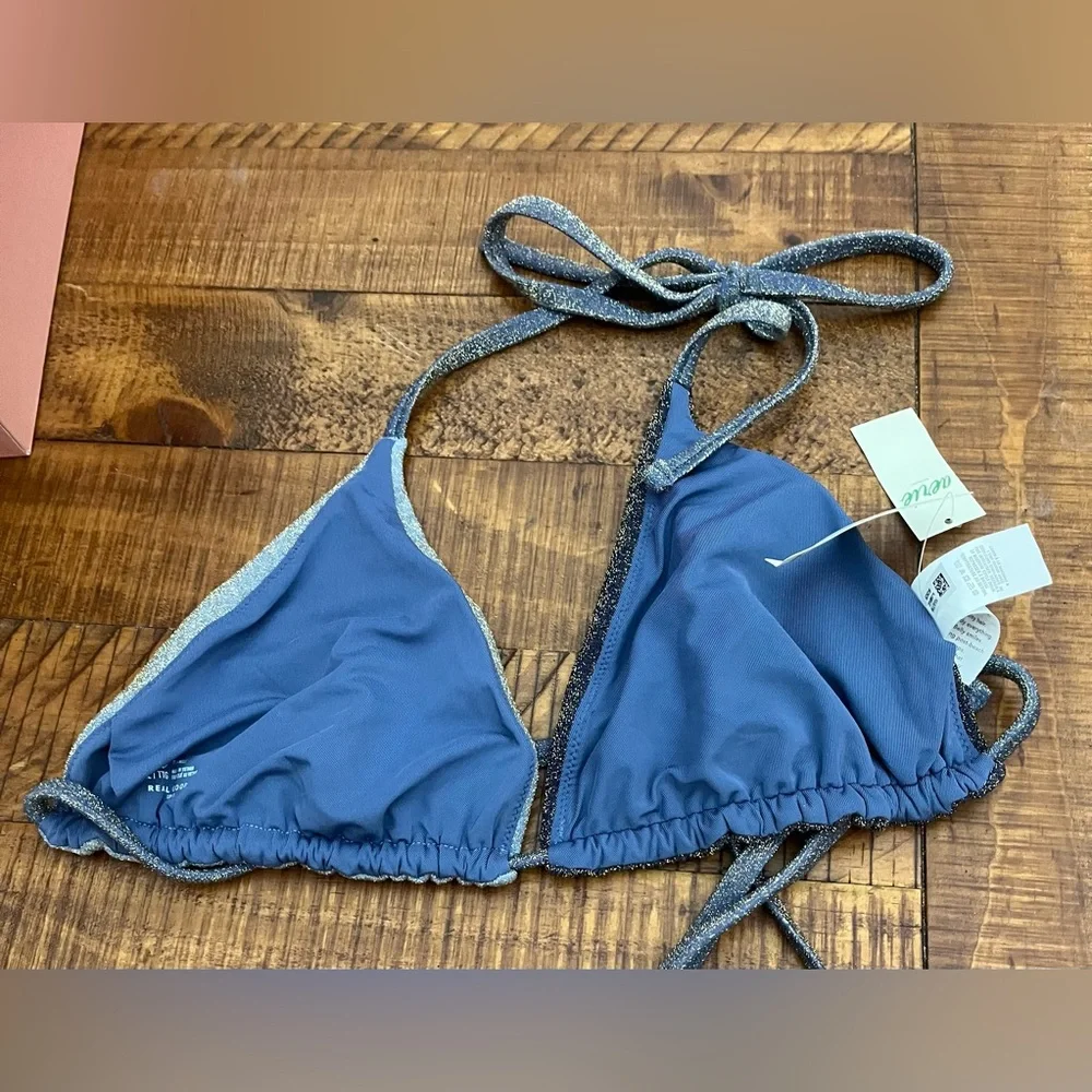 NWT Aerie Sparkle String Triangle Bikini Top in Blue Gold - Size XXL